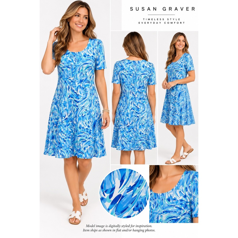 Susan Graver Blue Abstract Swirl Print Dress Short Sleeve Scoop Neck Size S